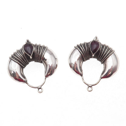 Silver Plated Vintage Real Rhodolite Modernist Oxidized Jacket Earrings