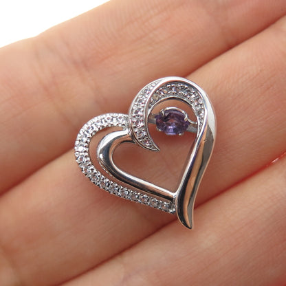 925 Sterling Silver Real Round-Cut Amethyst White Topaz Heart Mini Slide Pendant