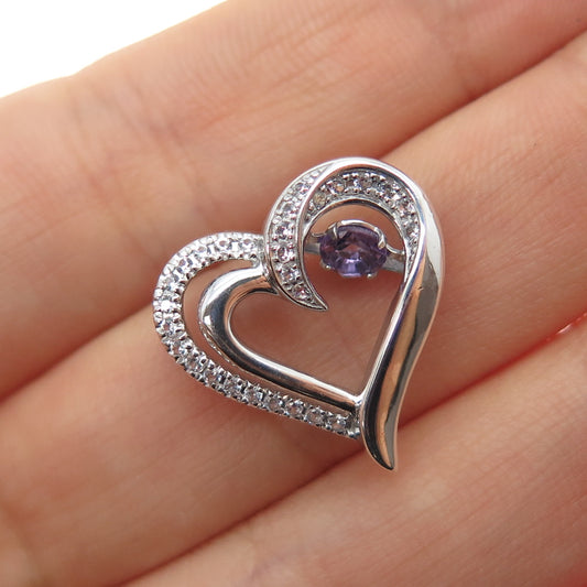 925 Sterling Silver Real Round-Cut Amethyst White Topaz Heart Mini Slide Pendant