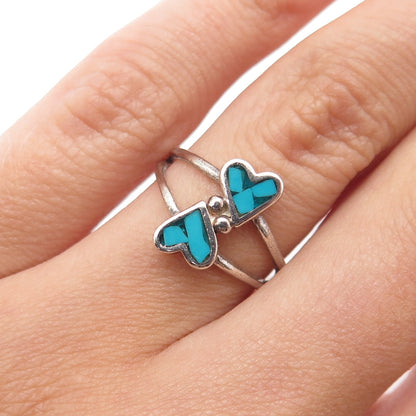 Old Pawn 925 Sterling Silver Vintage Turquoise Inlay Couple Heart Ring Size 6