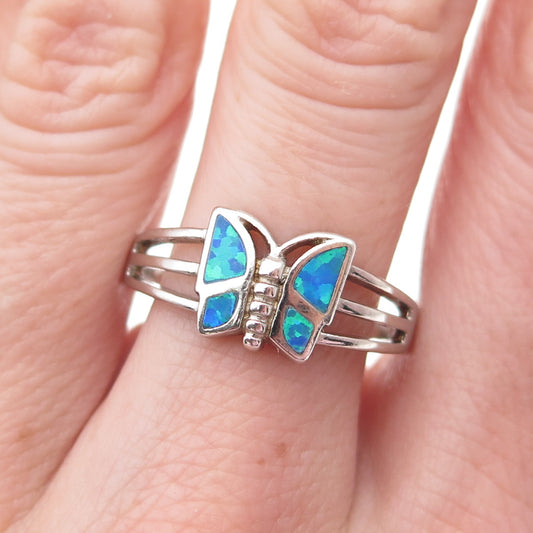 925 Sterling Silver Vintage Real Opal Butterfly Ring Size 10