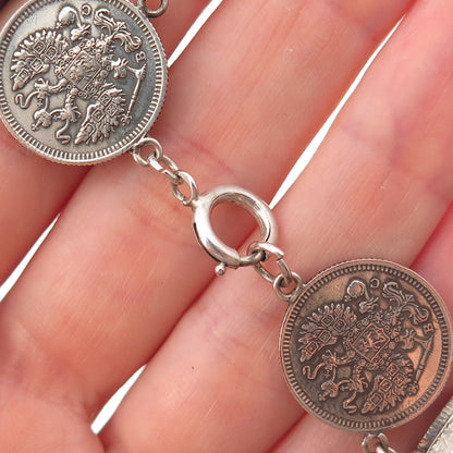 500 Silver Antique 1914-1915 Nicholas II 10 Kopecks Coin Bracelet 7.5"