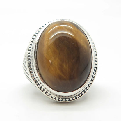 925 Sterling Silver Vintage Real Tiger Eye Gem Statement Ring Size 7