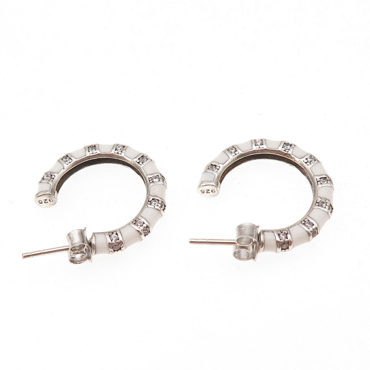925 Sterling Silver Enamel & C Z Bamboo Hoop Earrings