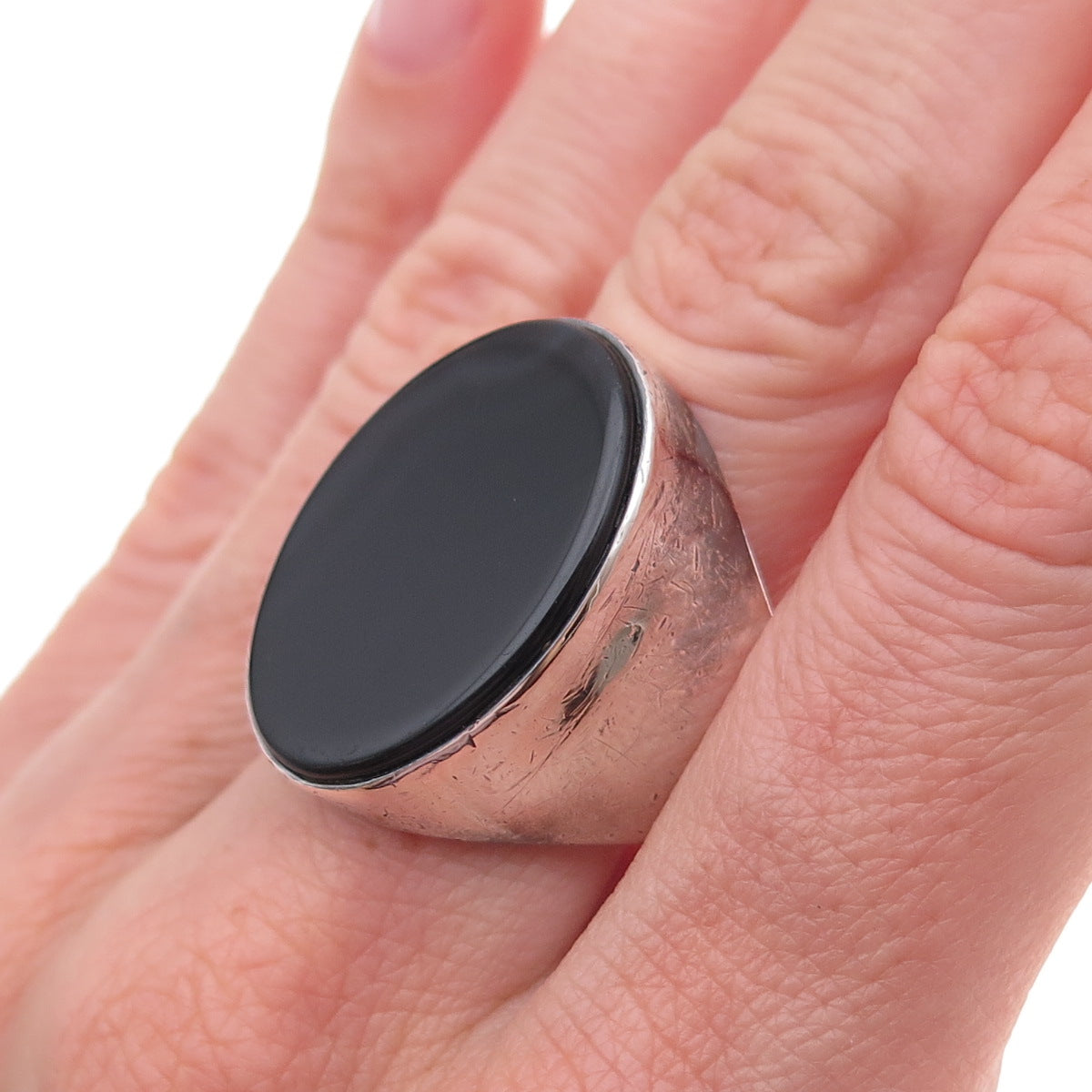 925 Sterling Silver Vintage Israel Real Black Onyx Oxidized Ring Size 9.25