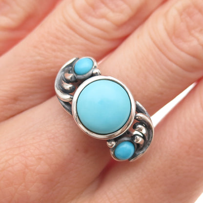 925 Sterling Silver Real Sleeping Beauty Turquoise Floral Oxidized Ring Size 8
