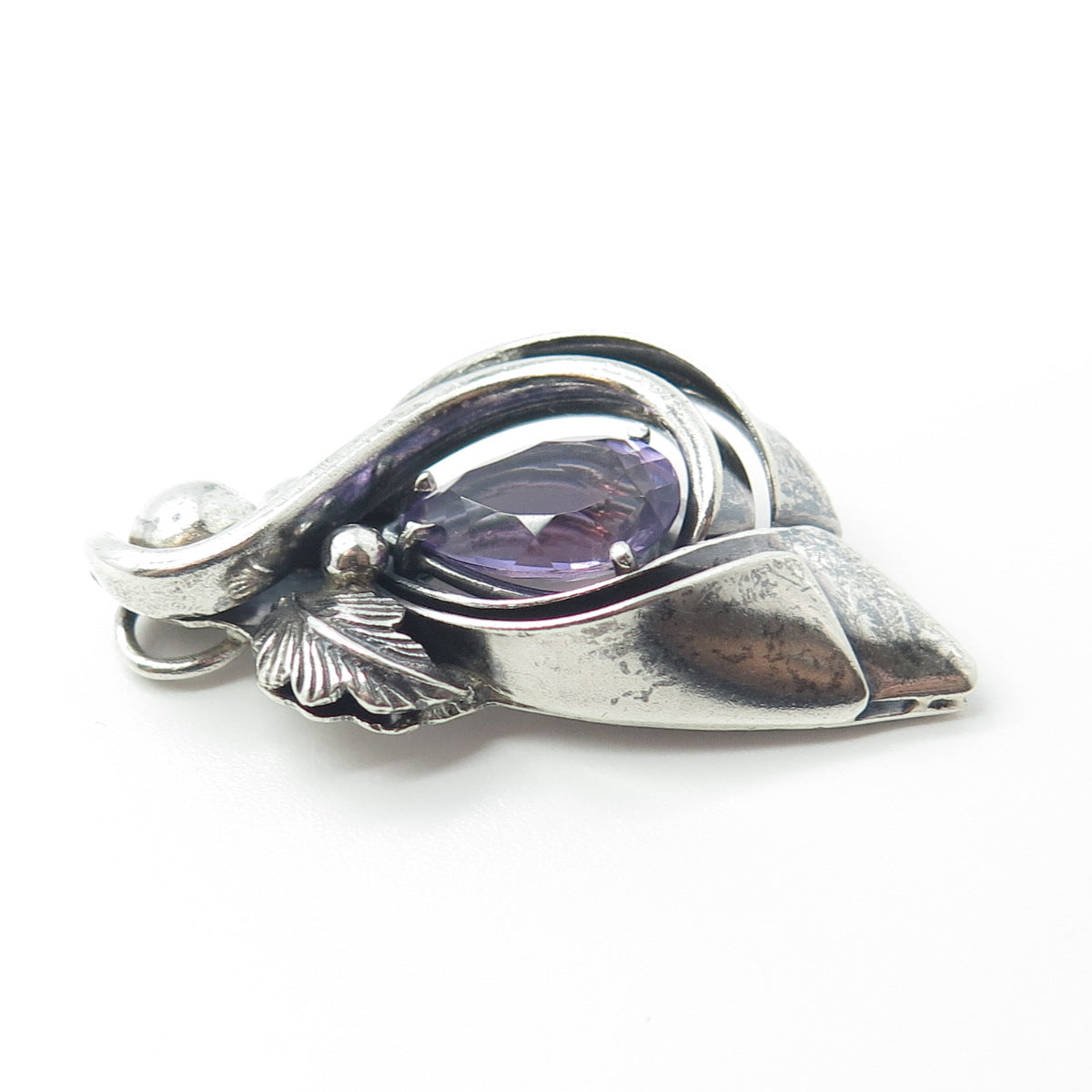 925 Sterling Silver Vintage Real Amethyst Gemstone Leaf Modernist Slide Pendant