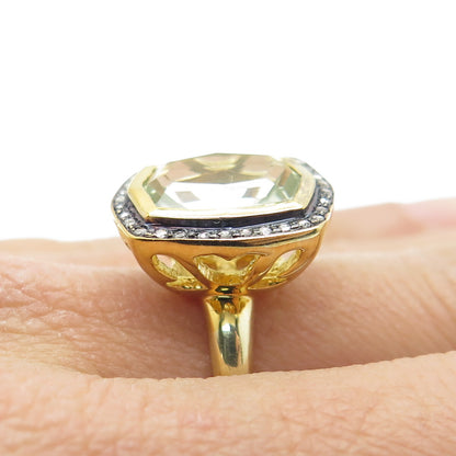 925 Sterling Silver Gold Plated White Diamond & Blue Topaz Gem Ring Size 7.75
