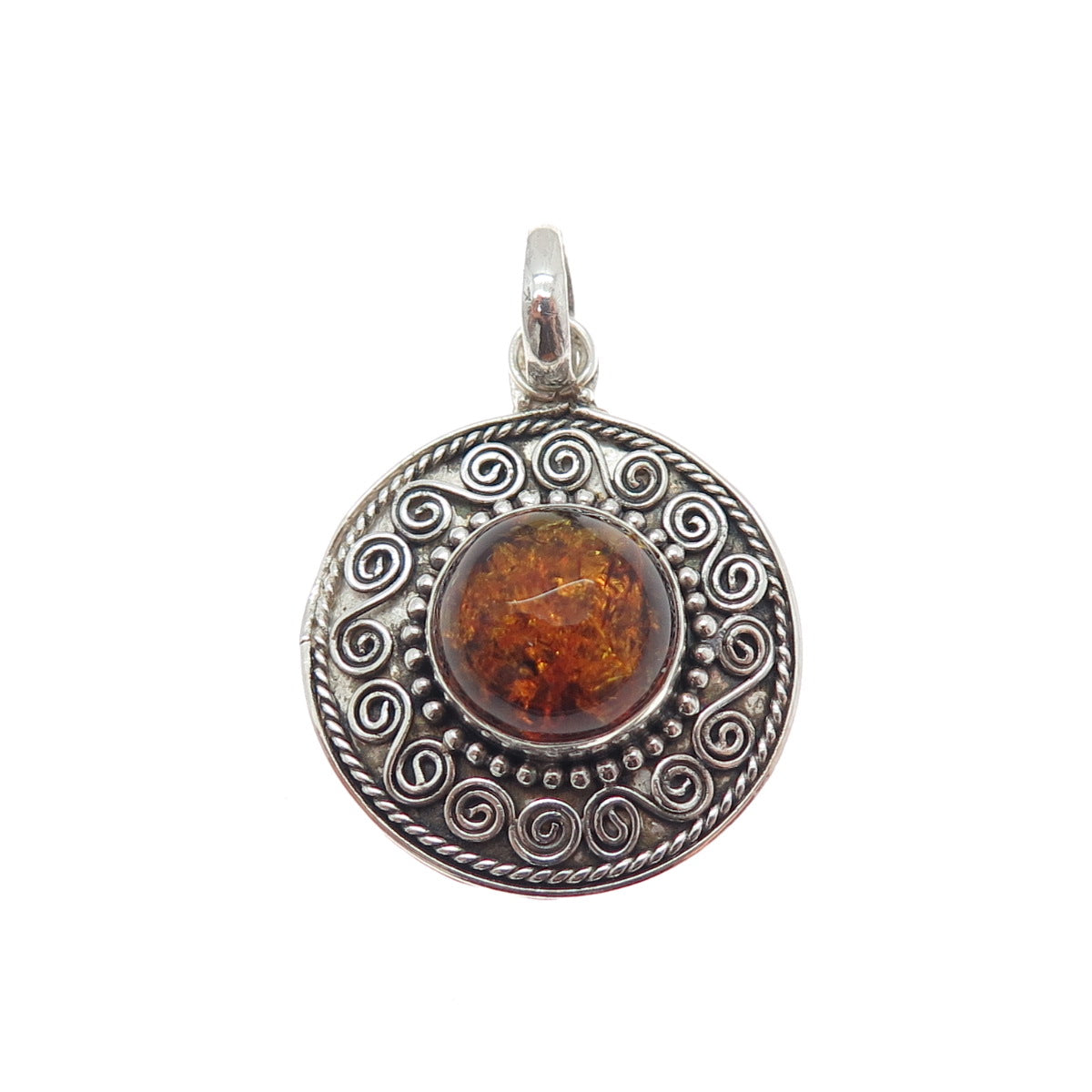 925 Sterling Silver Vintage Real Amber Spiral Beaded Oxidized Charm Pendant