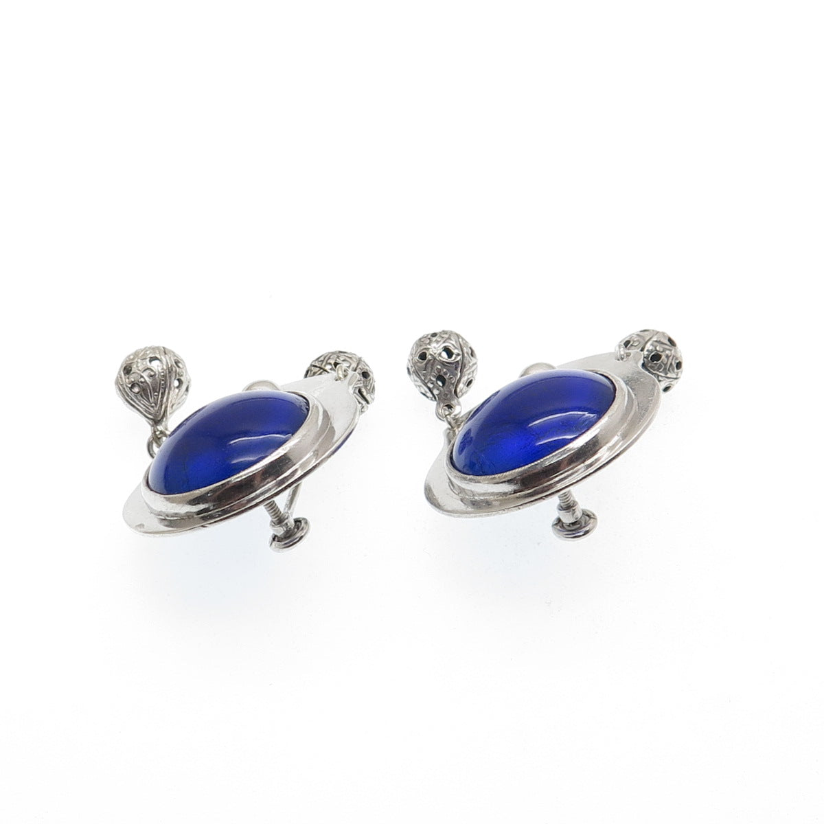 HELEN LONG Old Pawn 925 Sterling Silver Vintage Blue Glass Screw Back Earrings