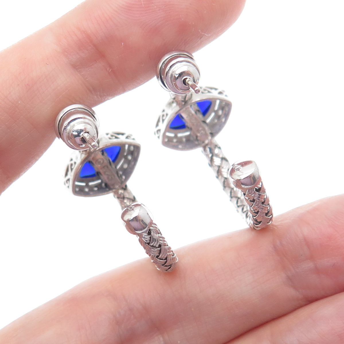 925 Sterling Silver Real Diamond & Enamel Evil Eye Wicker Half Hoop Earrings