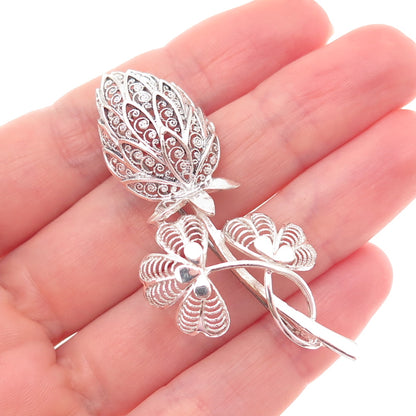 925 Sterling Silver Vintage Germany Floral Filigree Pin Brooch