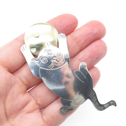 925 Sterling Silver 2-Tone Vintage Mexico Modernist Cat & Ball Pin Brooch