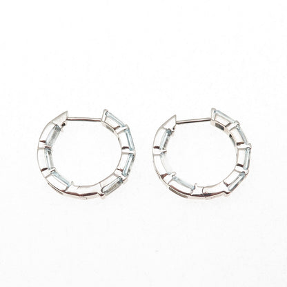 925 Sterling Silver Real Emerald-Cut Blue Topaz Hoop Earrings