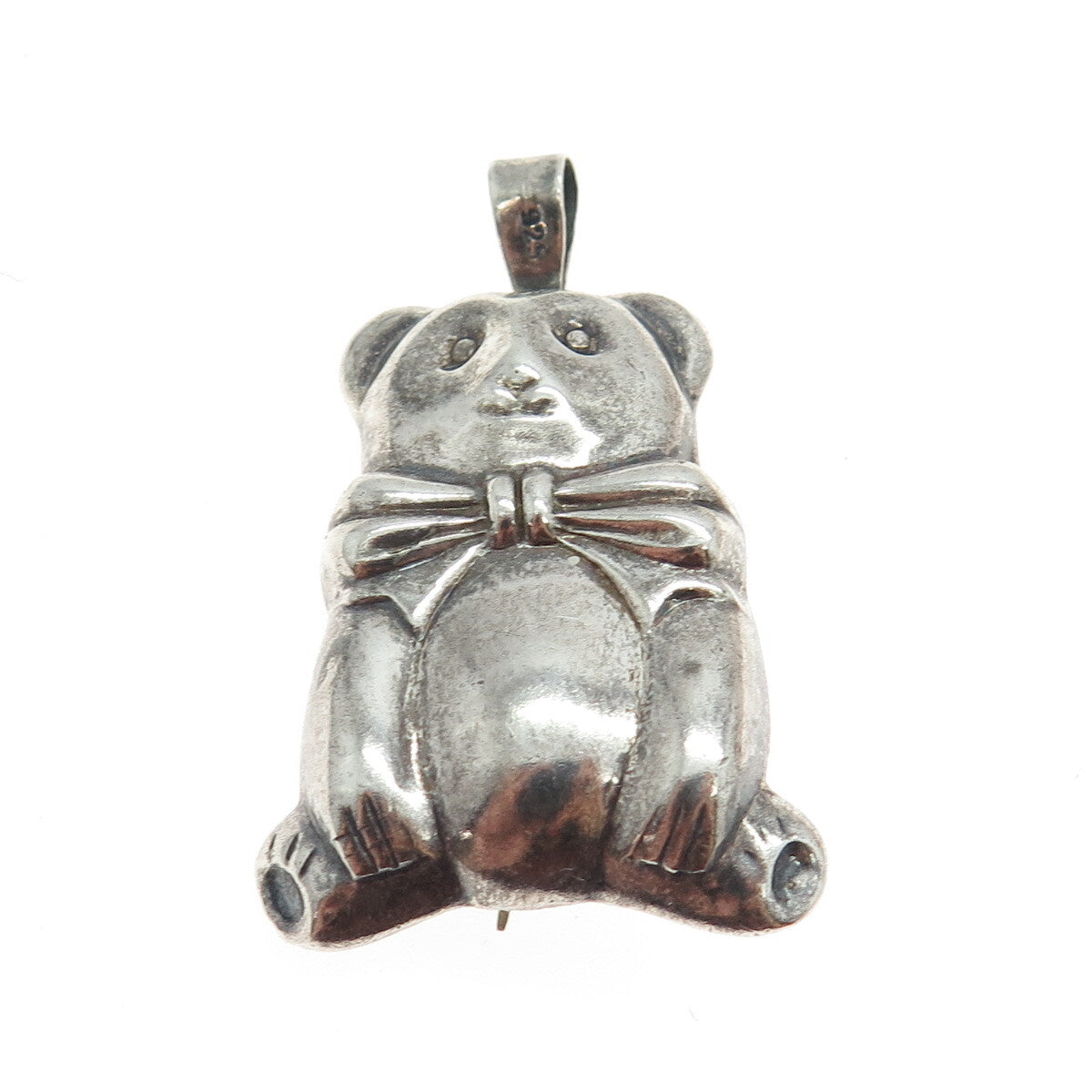 925 Sterling Silver Vintage Teddy Bear Bow Puffy Pin Brooch / Pendant