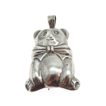 925 Sterling Silver Vintage Teddy Bear Bow Puffy Pin Brooch / Pendant
