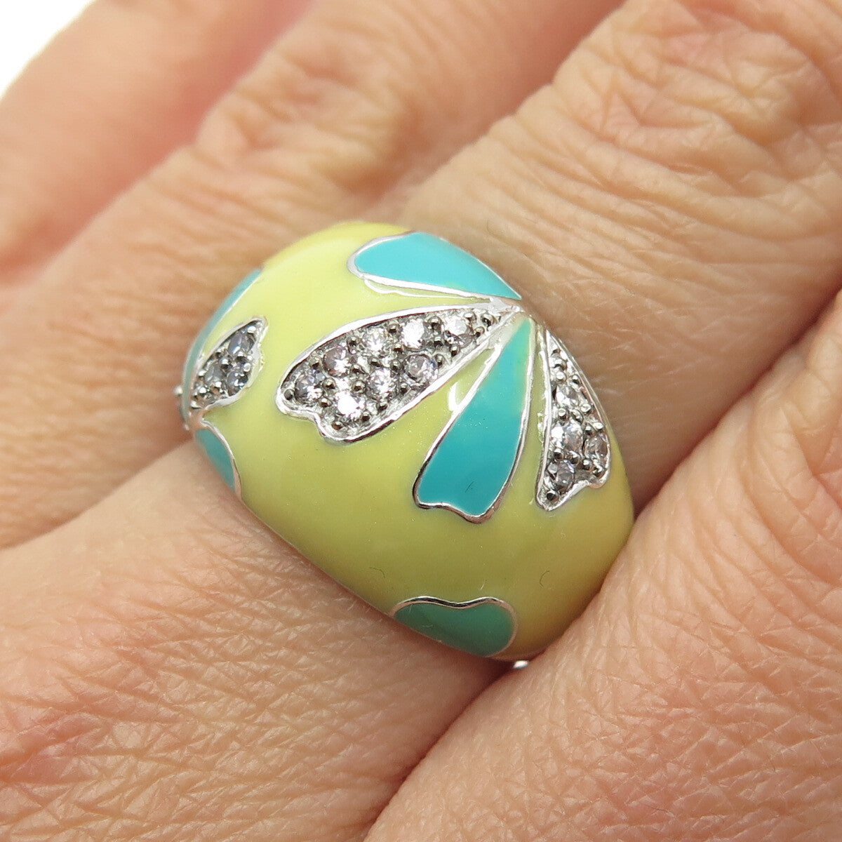 925 Sterling Silver Yellow & Blue Enamel Round-Cut C Z Floral Dome Ring Size 8