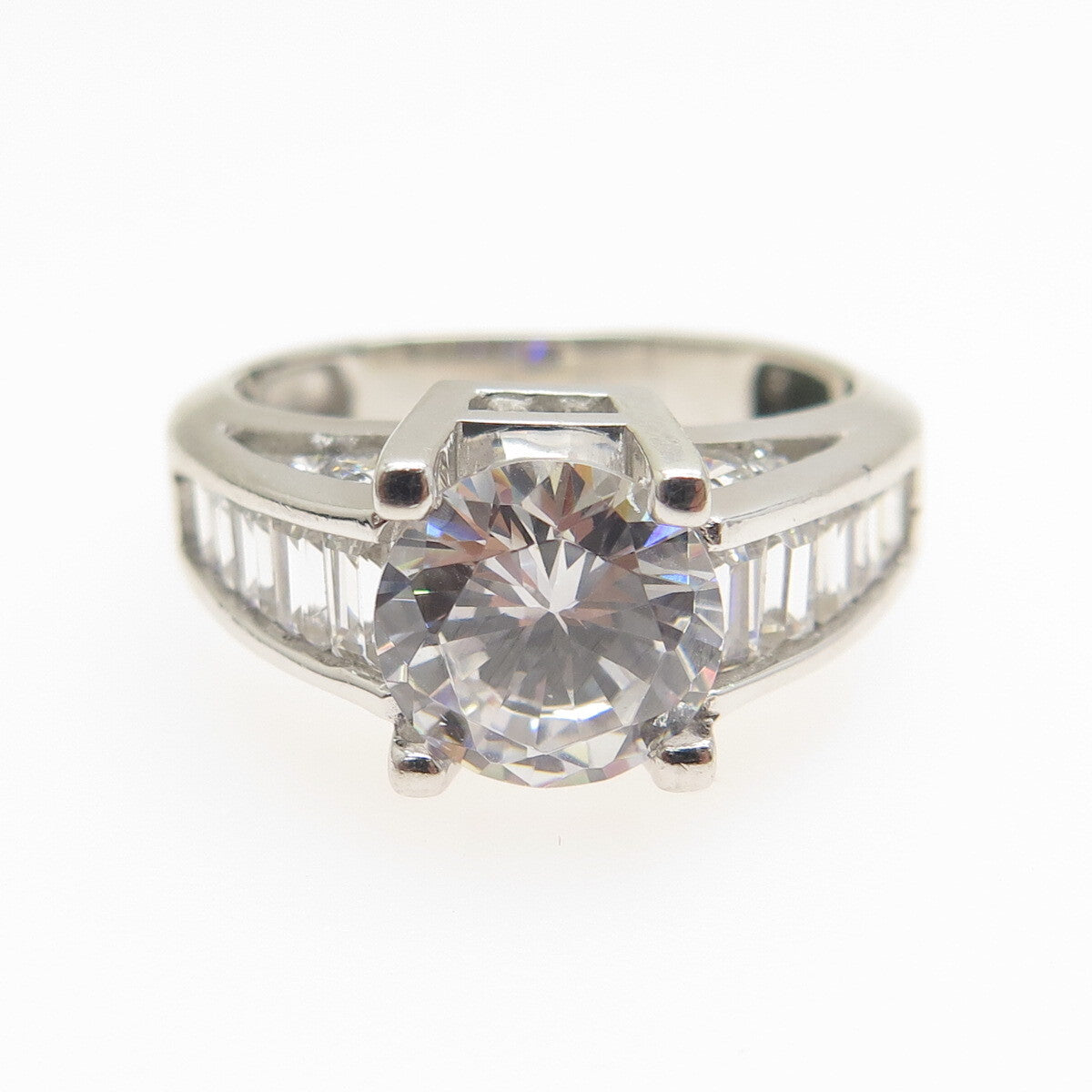 925 Sterling Silver Round & Emerald-Cut C Z Engagement Ring Size 7