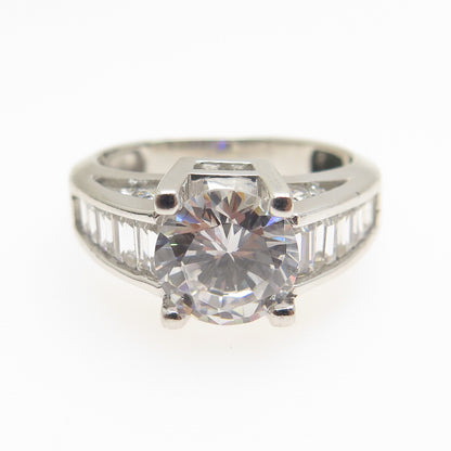 925 Sterling Silver Round & Emerald-Cut C Z Engagement Ring Size 7