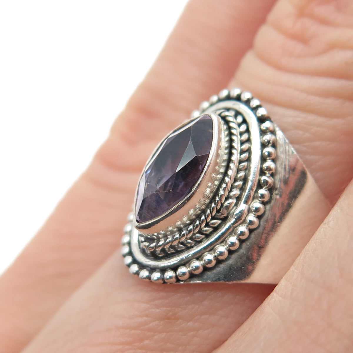 925 Sterling Silver Vintage Real Marquise-Cut Amethyst Beaded Ring Size 6