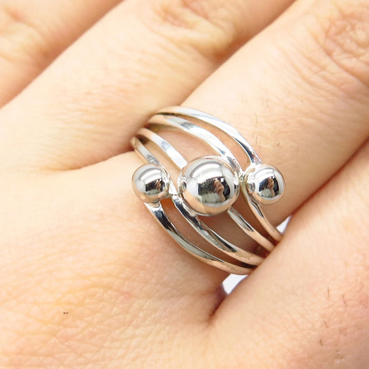 925 Sterling Silver Vintage Ball Wavy Ring Size 7.75