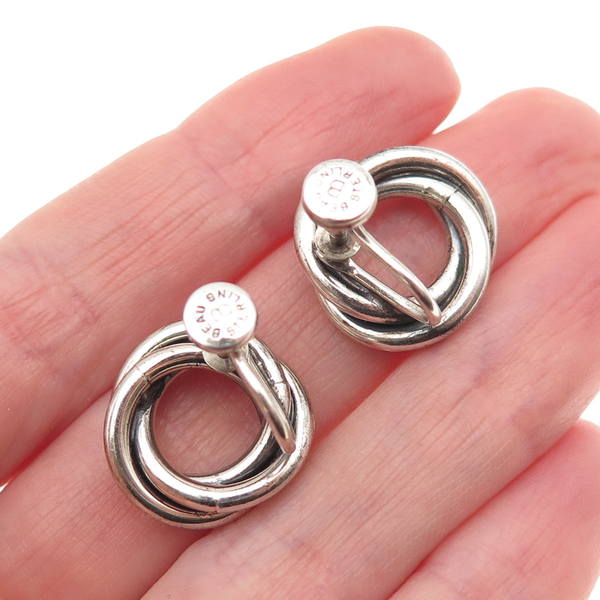 Beau Sterling Silver Antique Art Deco Interlocked Trinity Screw Back Earrings