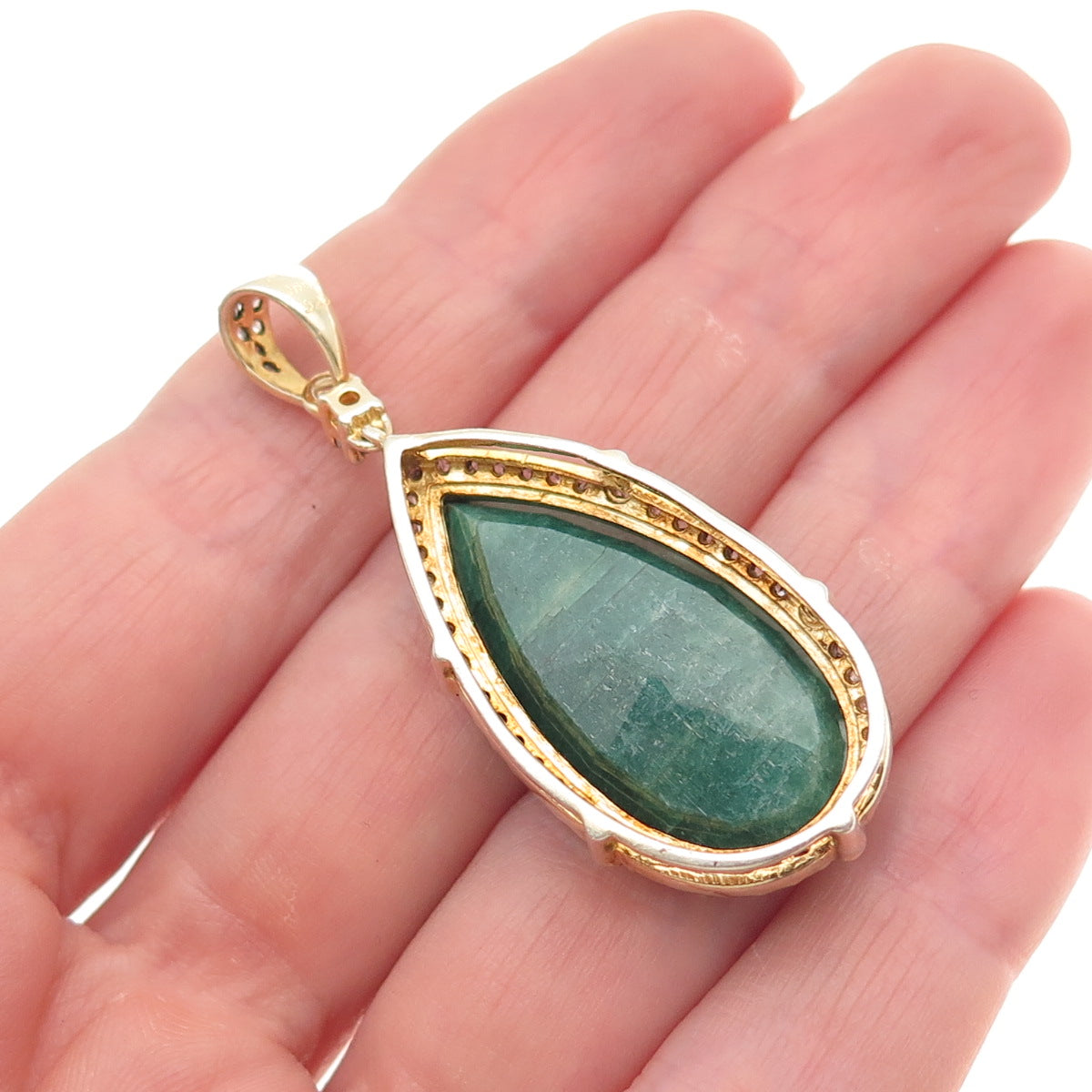 925 Sterling Silver Gold Plated Real Diamond & Emerald Teardrop Pendant