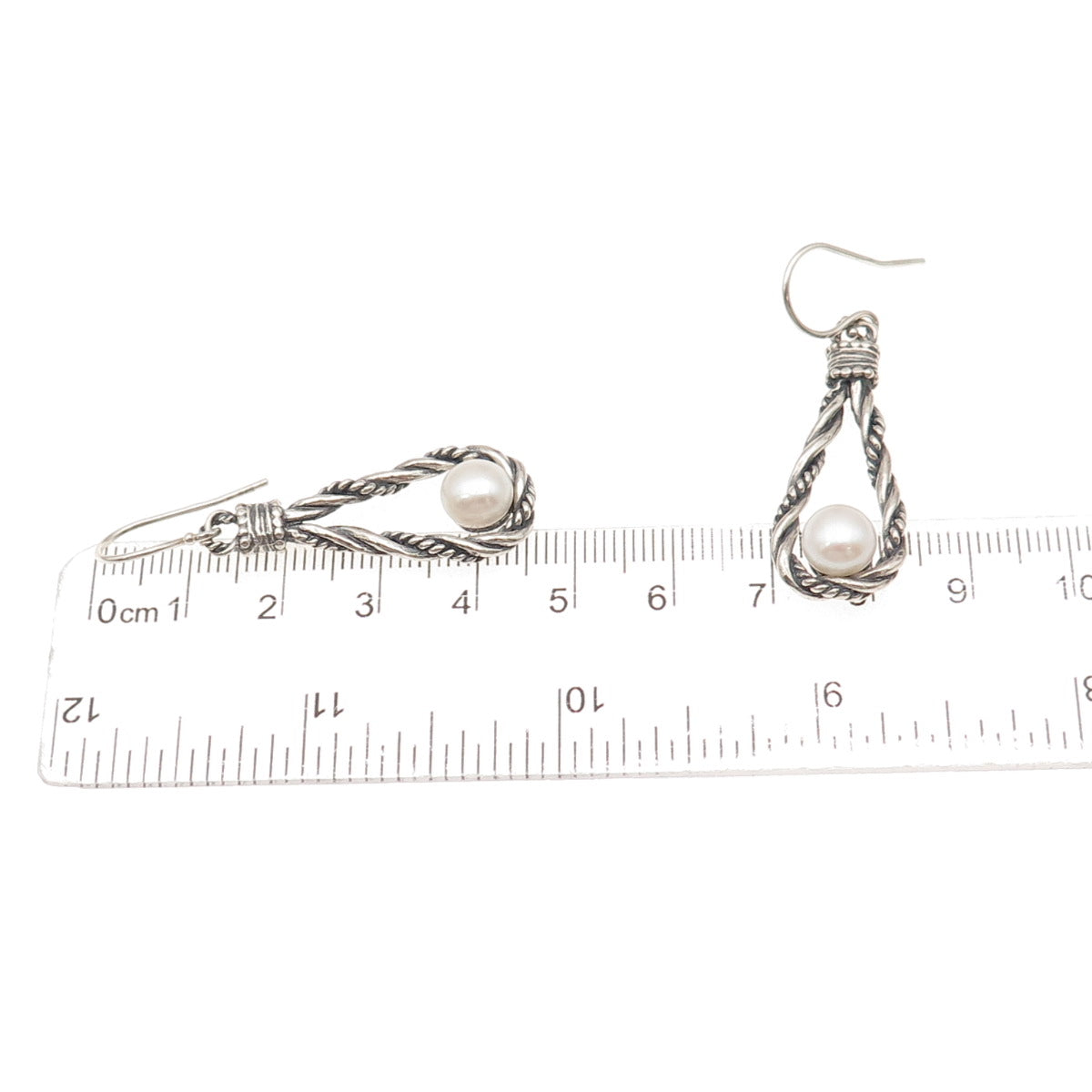 925 Sterling Silver Vintage Real Pearl Twisted Teardrop Oxidized Dangle Earrings