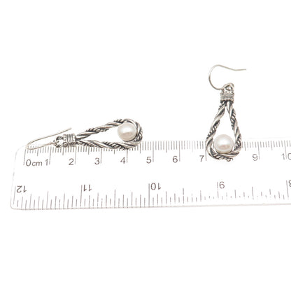 925 Sterling Silver Vintage Real Pearl Twisted Teardrop Oxidized Dangle Earrings