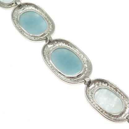 925 Sterling Silver Real Milky Aquamarine & C Z Bracelet 7.25"