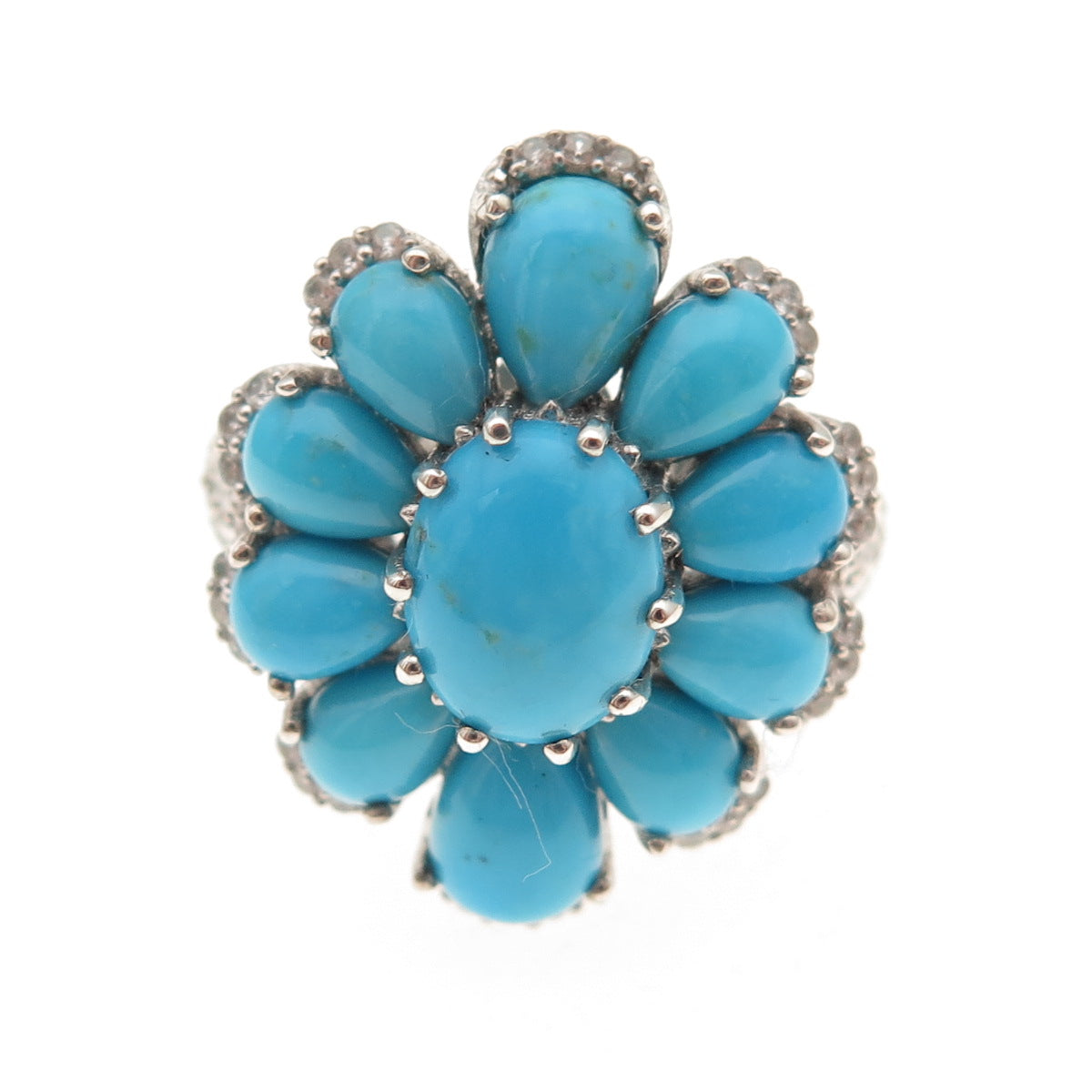 Chuck Clemency 925 Sterling Silver Real Turquoise White Topaz Floral Ring Size 8