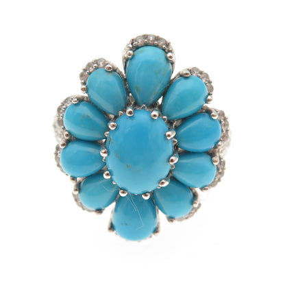Chuck Clemency 925 Sterling Silver Real Turquoise White Topaz Floral Ring Size 8