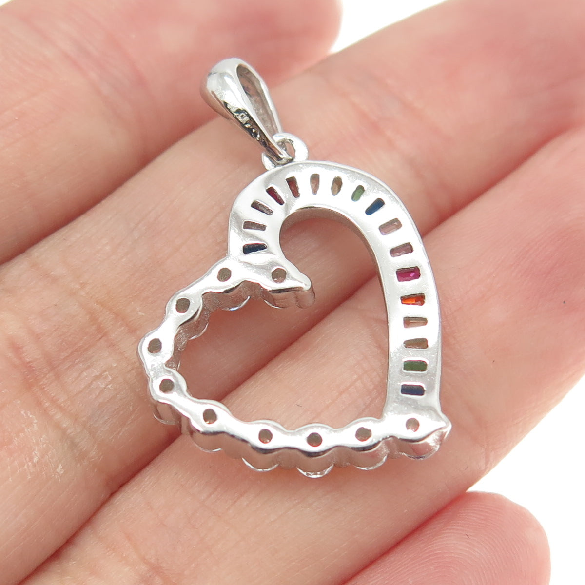 925 Sterling Silver Tapered Baguette & Round-Cut Multi-Color C Z Heart Pendant