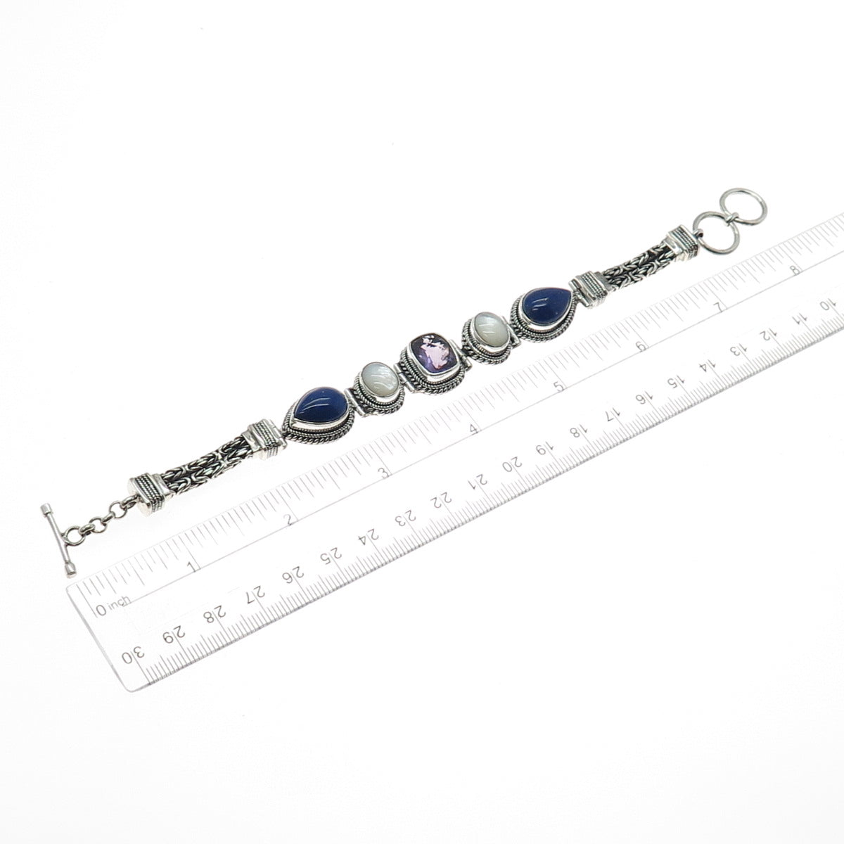 SUARTI BALI 925 Sterling Silver Vintage Real Amethyst Lapis MOP Bracelet 7-7.5"