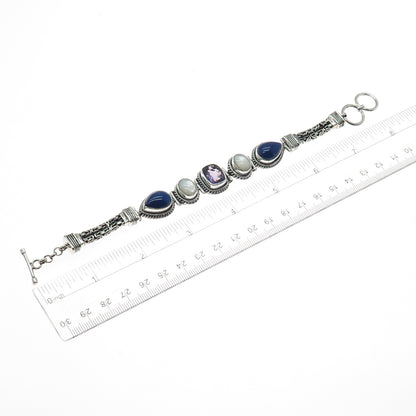 SUARTI BALI 925 Sterling Silver Vintage Real Amethyst Lapis MOP Bracelet 7-7.5"