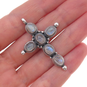 925 Sterling Silver Vintage Real Moonstone Cross Oxidized Pendant