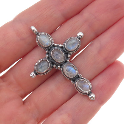 925 Sterling Silver Vintage Real Moonstone Cross Oxidized Pendant