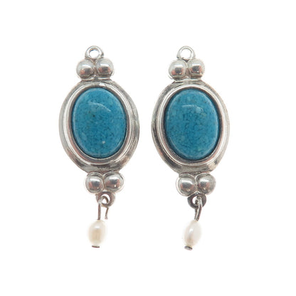 COLEMAN CO. 925 Sterling Silver Vintage Turquoise Gem & Pearl Jacket Earrings