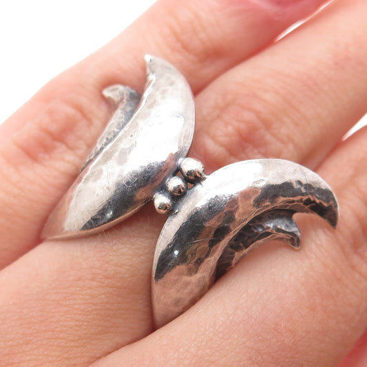 KAKO Sterling Silver Vintage Modernist Floral Hammered Oxidized Ring Size 5.75