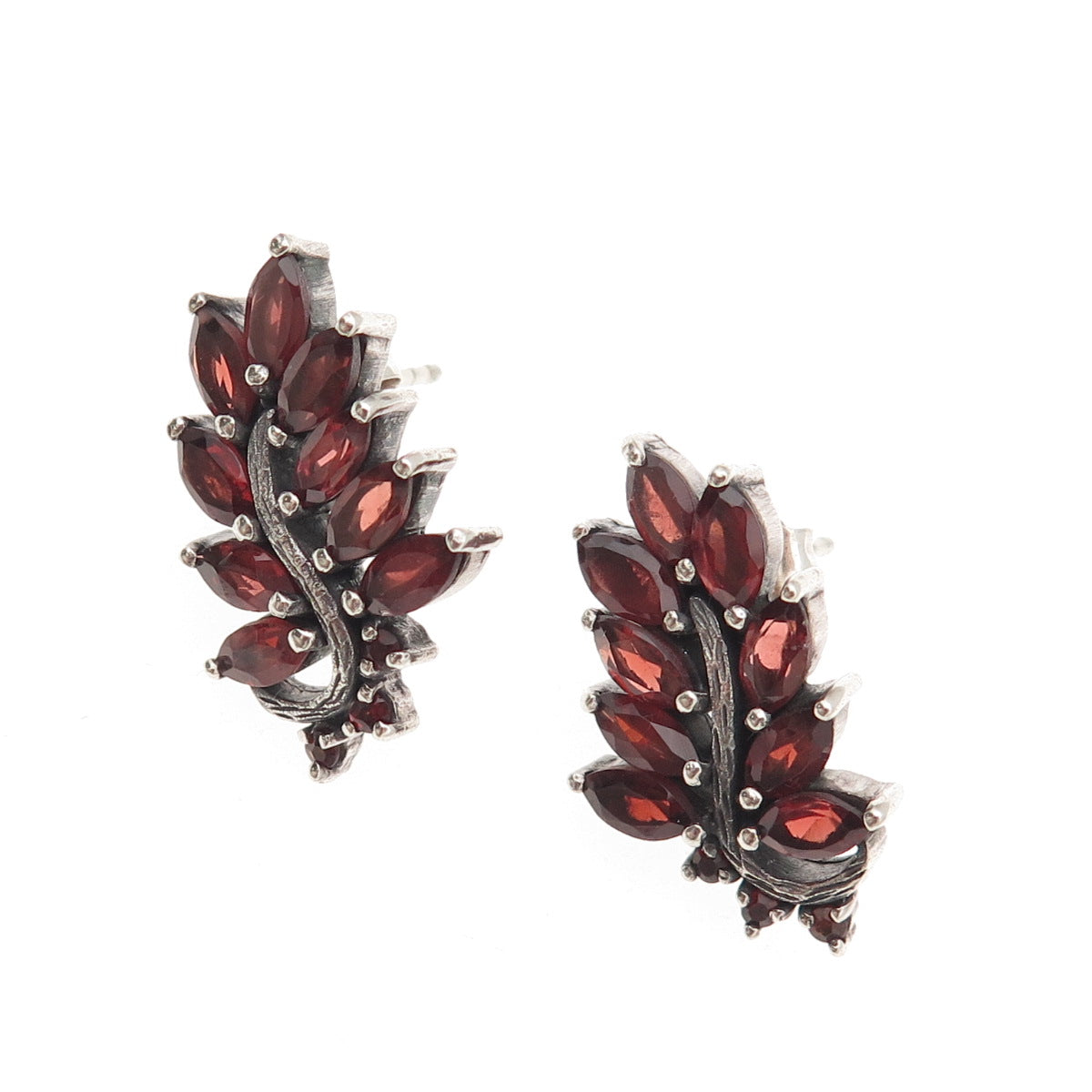925 Sterling Silver Vintage Real Red Garnet Floral Oxidized Earrings