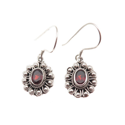 925 Sterling Silver Vintage Real Red Garnet Floral Beaded Dangle Earrings