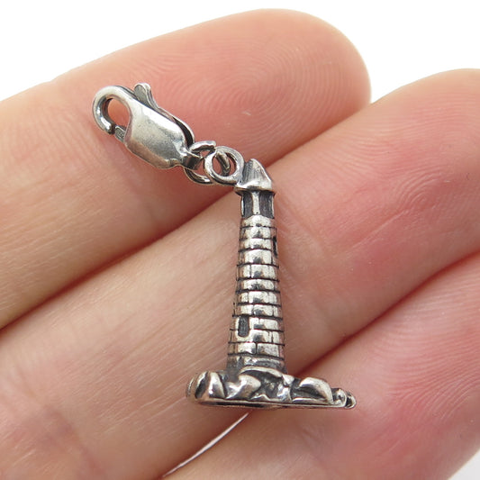 925 Sterling Silver Vintage Lighthouse Lobster Clasp Oxidized Charm Pendant