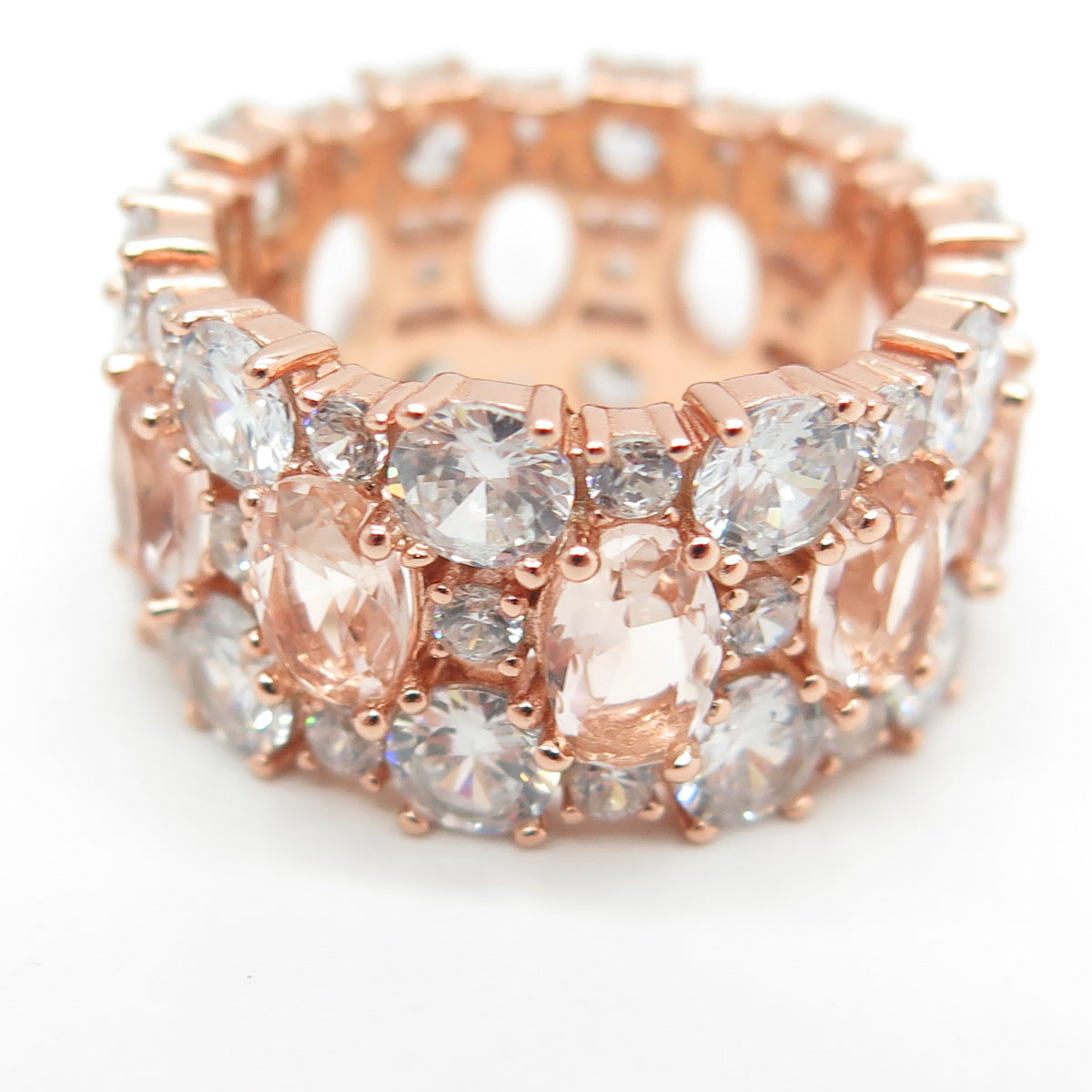 925 Sterling Silver Rose Gold Plated Real Morganite & C Z Wide Band Ring Size 7