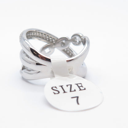 925 Sterling Silver Pave C Z Chain Crossover Ring Size 7