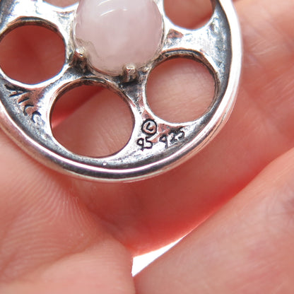 AICC 925 Sterling Silver Vintage Real Rose Quartz Modernist Disc Charm Pendant