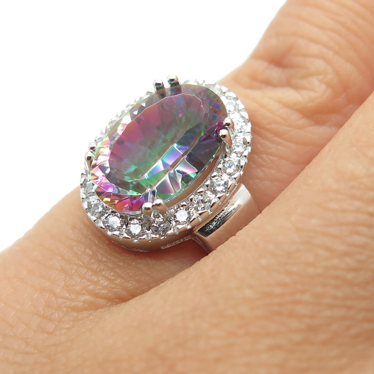 925 Sterling Silver Real Mystic Quartz & Round-Cut C Z Ring Size 4.75