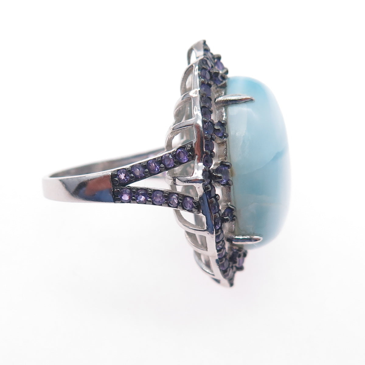 925 Sterling Silver Real Cabochon Larimar & Amethyst Ring Size 6.25