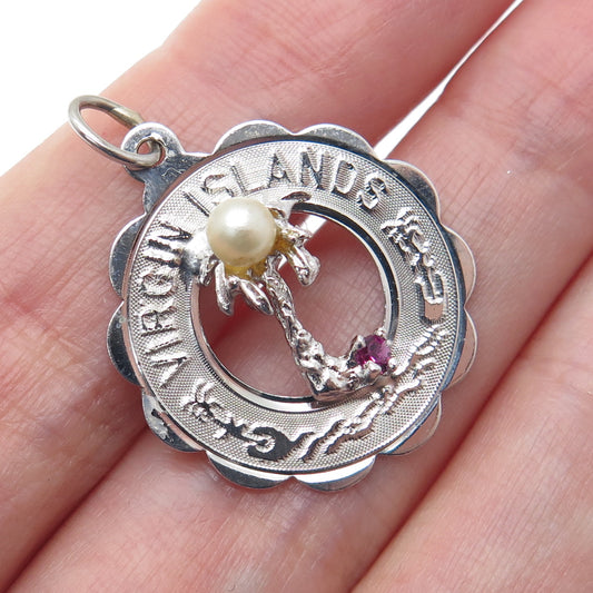 CREA 925 Sterling Silver Vintage Faux Pearl & Rhinestone Virgin Island Pendant
