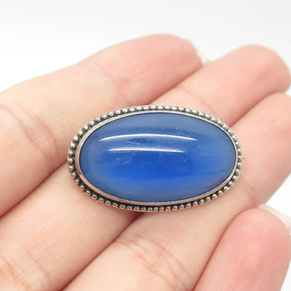 925 Sterling Silver Vintage Real Blue Glass Pin Brooch