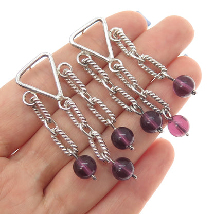 925 Sterling Silver Vintage Amethyst Modernist Drop Chain Ball Dangle Earrings